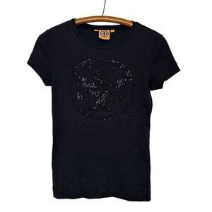 TORY BURCH Rhinestone Logo Black T-Shirt